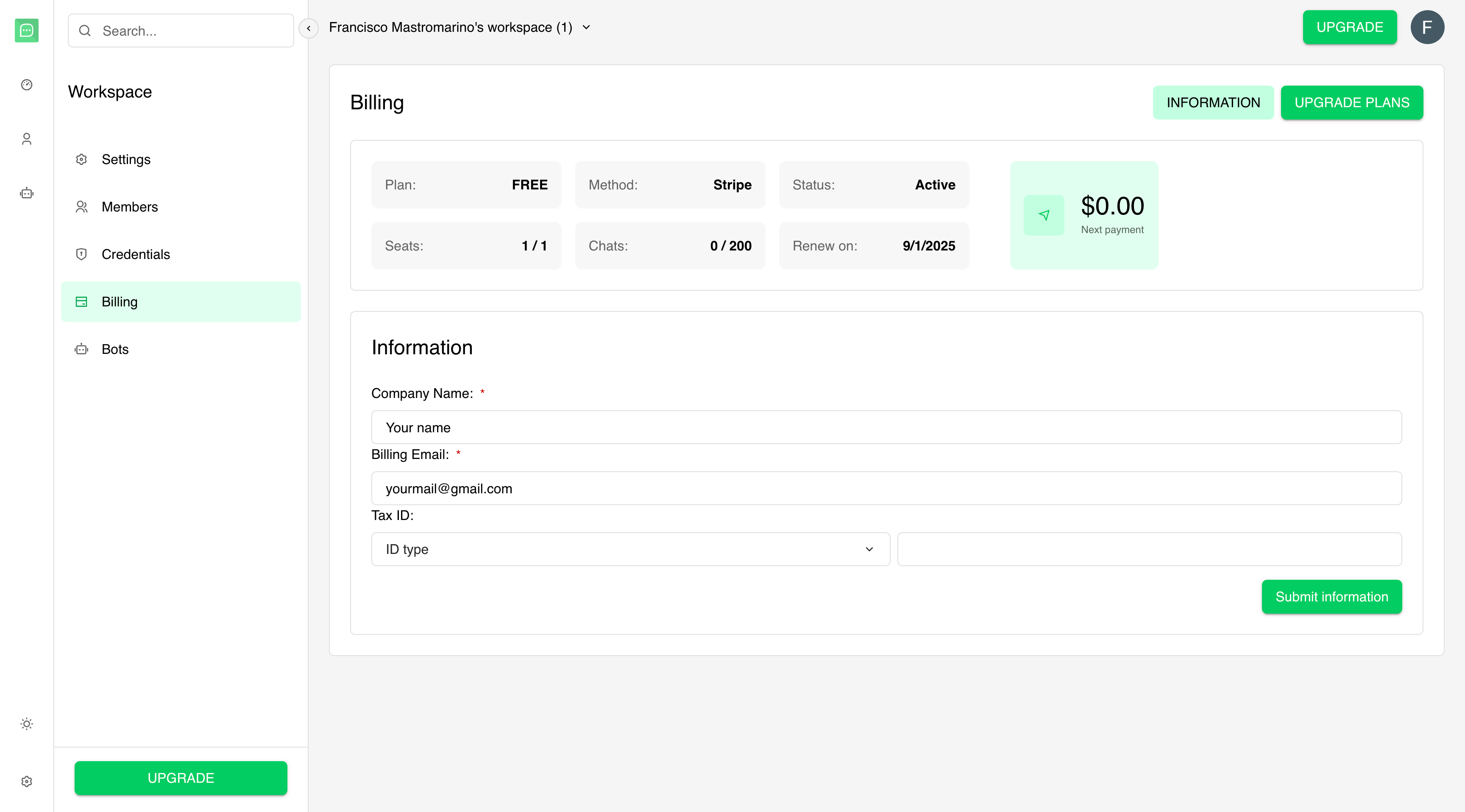 Workspace billing and usage