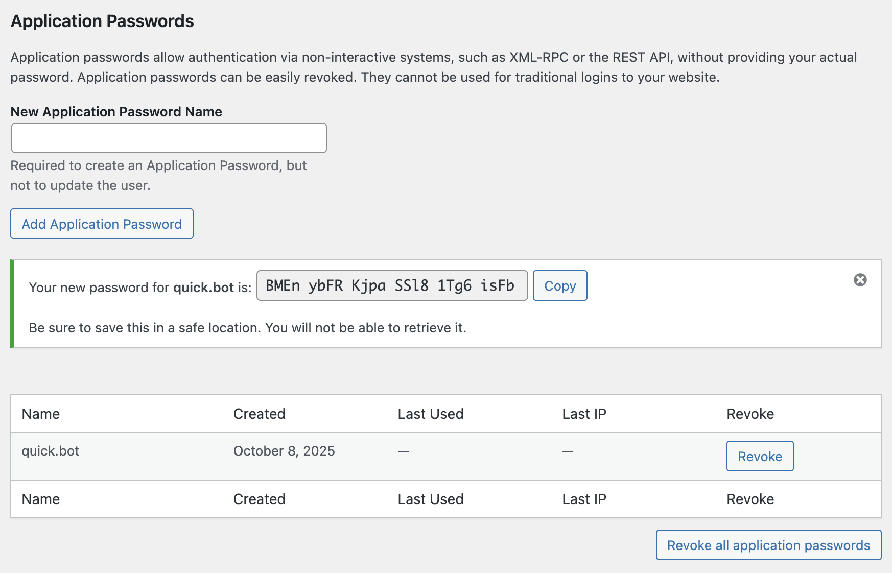 WordPress Application Password generation and display