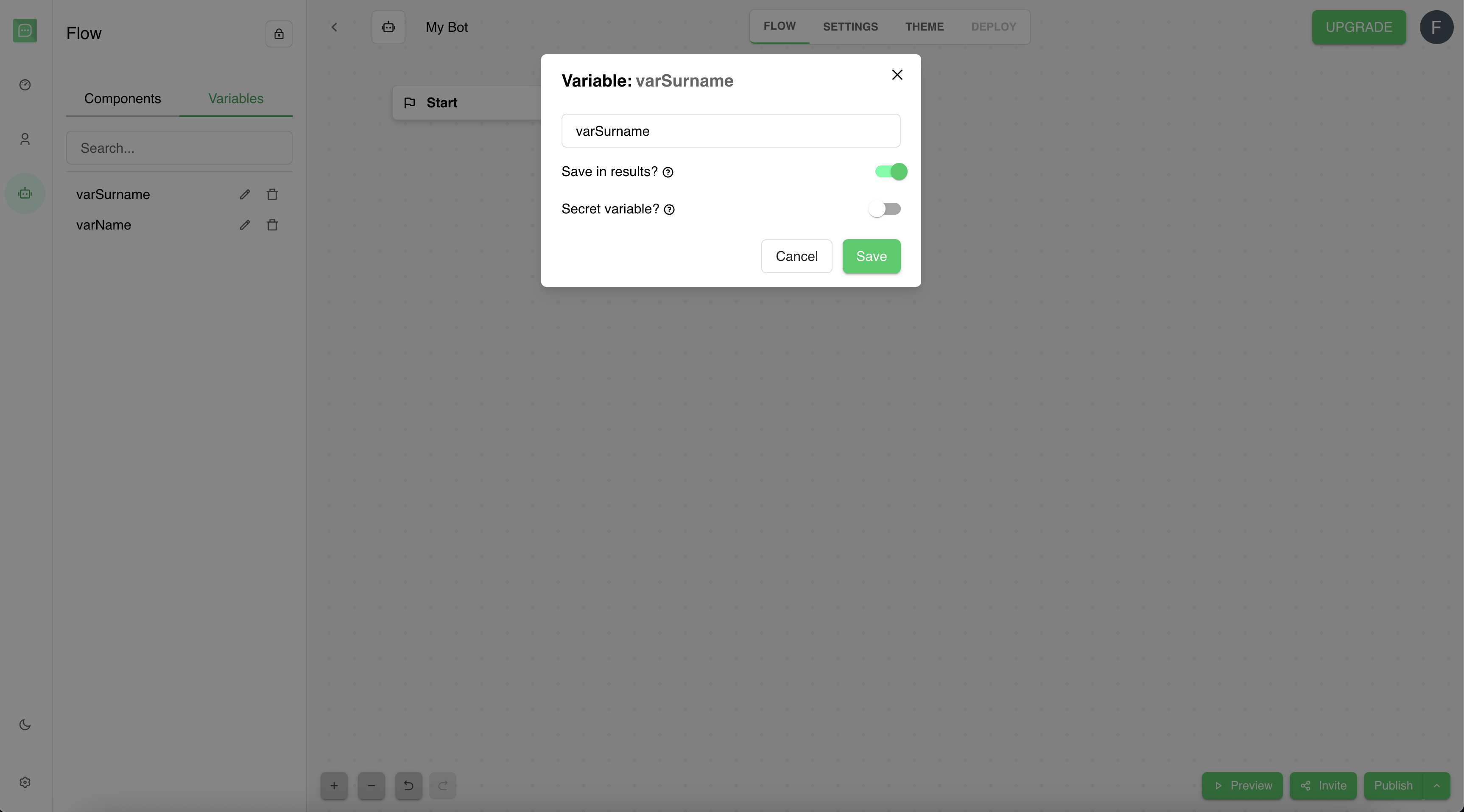 Bot variables panel