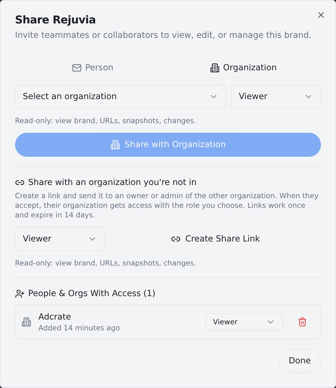 The Share modal showing the accepted organization in the People & Orgs With Access list, with a role dropdown and a revoke button.