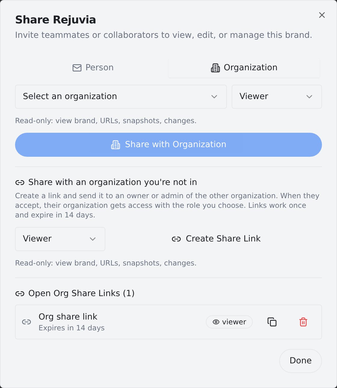 The Share modal on the Organization tab, showing the share link section with a role picker, a Create Share Link button, and one open share link with copy and revoke buttons.