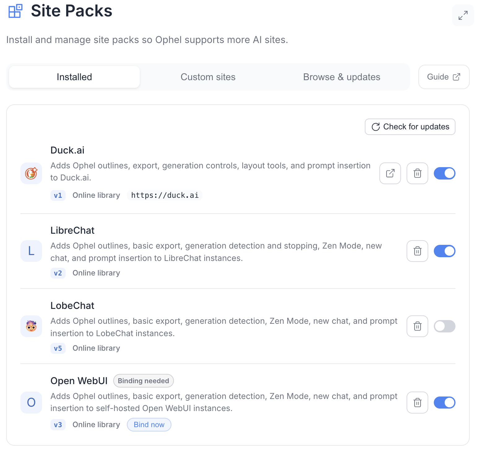 Installed Site Extensions tab