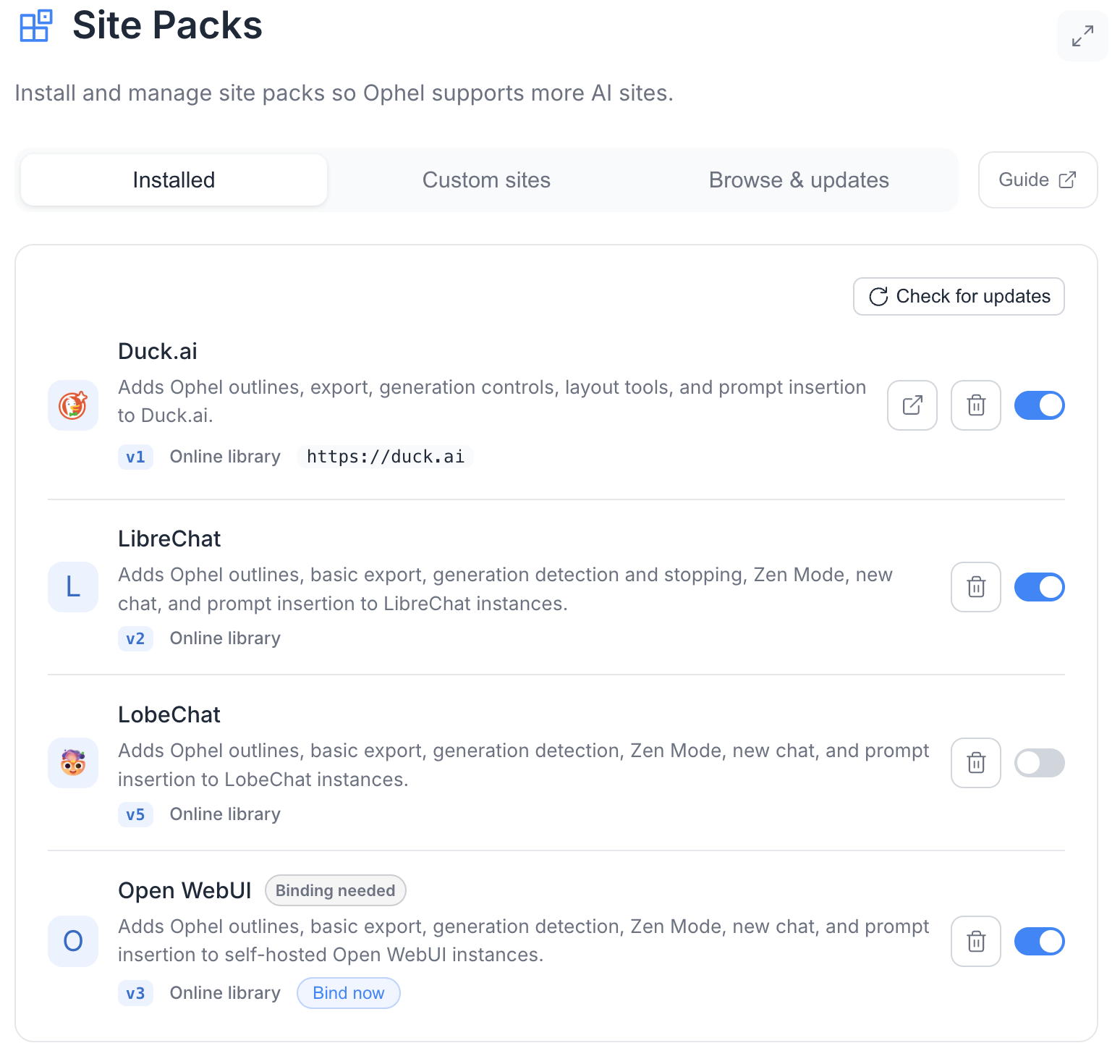 Installed Site Extensions tab