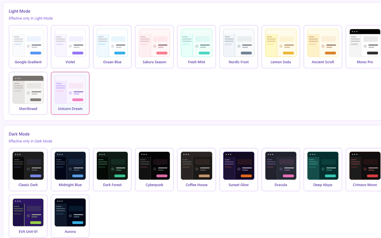 Appearance and theme settings — theme preview and switcher