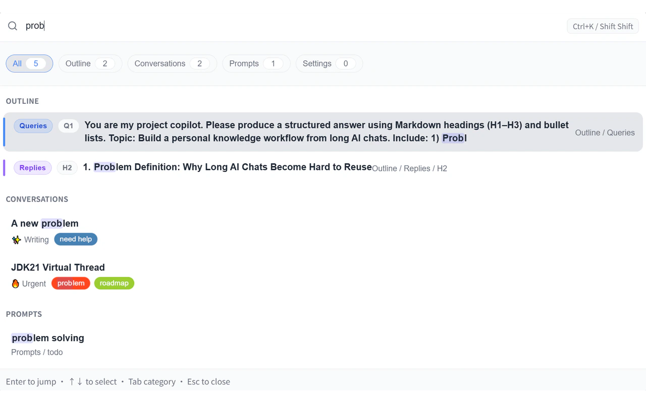 Global Search overlay — search box with categorized results