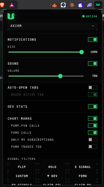 The extension popup with the CHART MARKS section