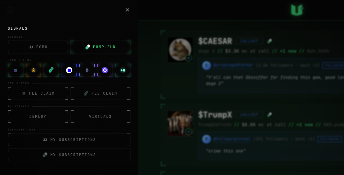 The SIGNALS menu - sources, chains, claims and subscriptions