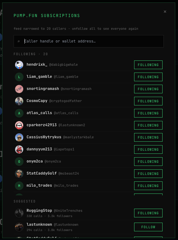 The PUMP.FUN SUBSCRIPTIONS window - searching and following callers