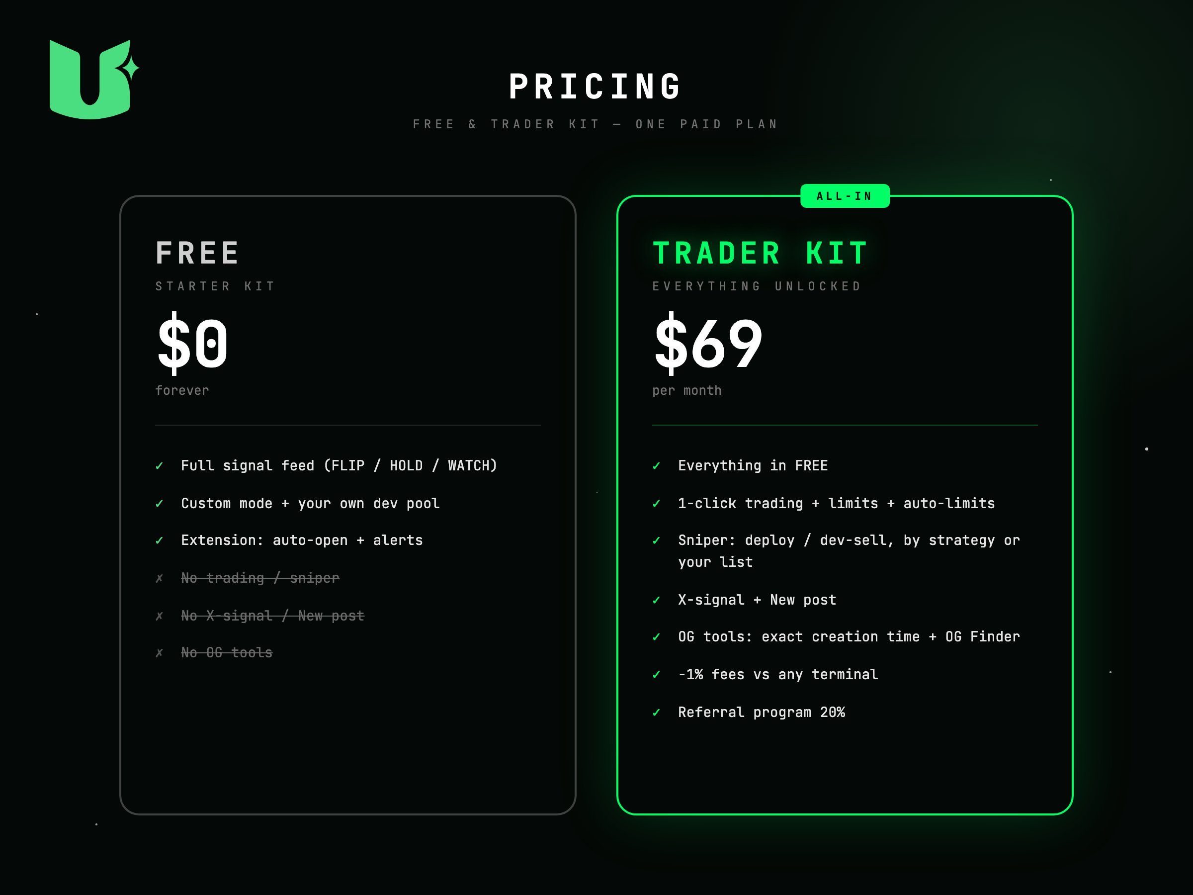 USEFUL pricing — FREE and TRADER KIT