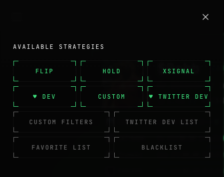 The strategies menu with the TWITTER DEV LIST button
