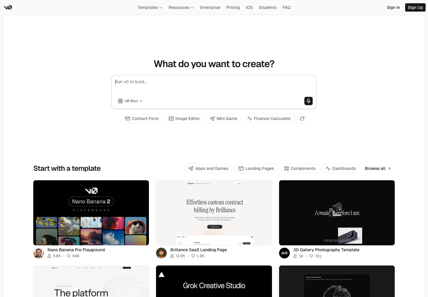 v0 AI app builder interface