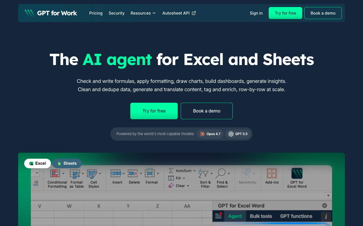 GPT for Work spreadsheet agent interface