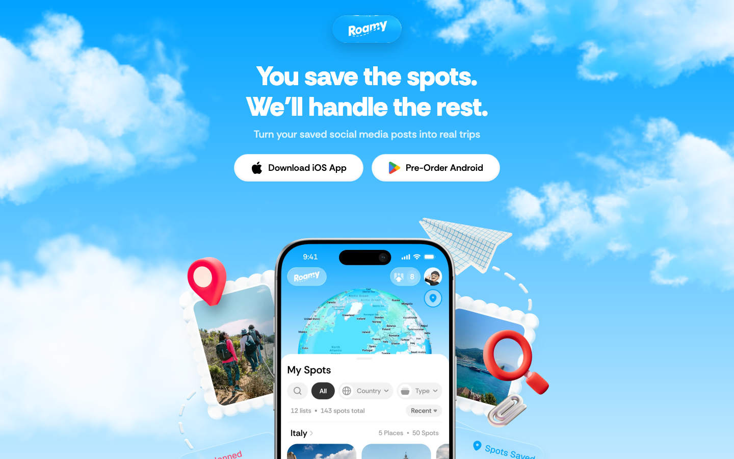 Roamy travel app interface