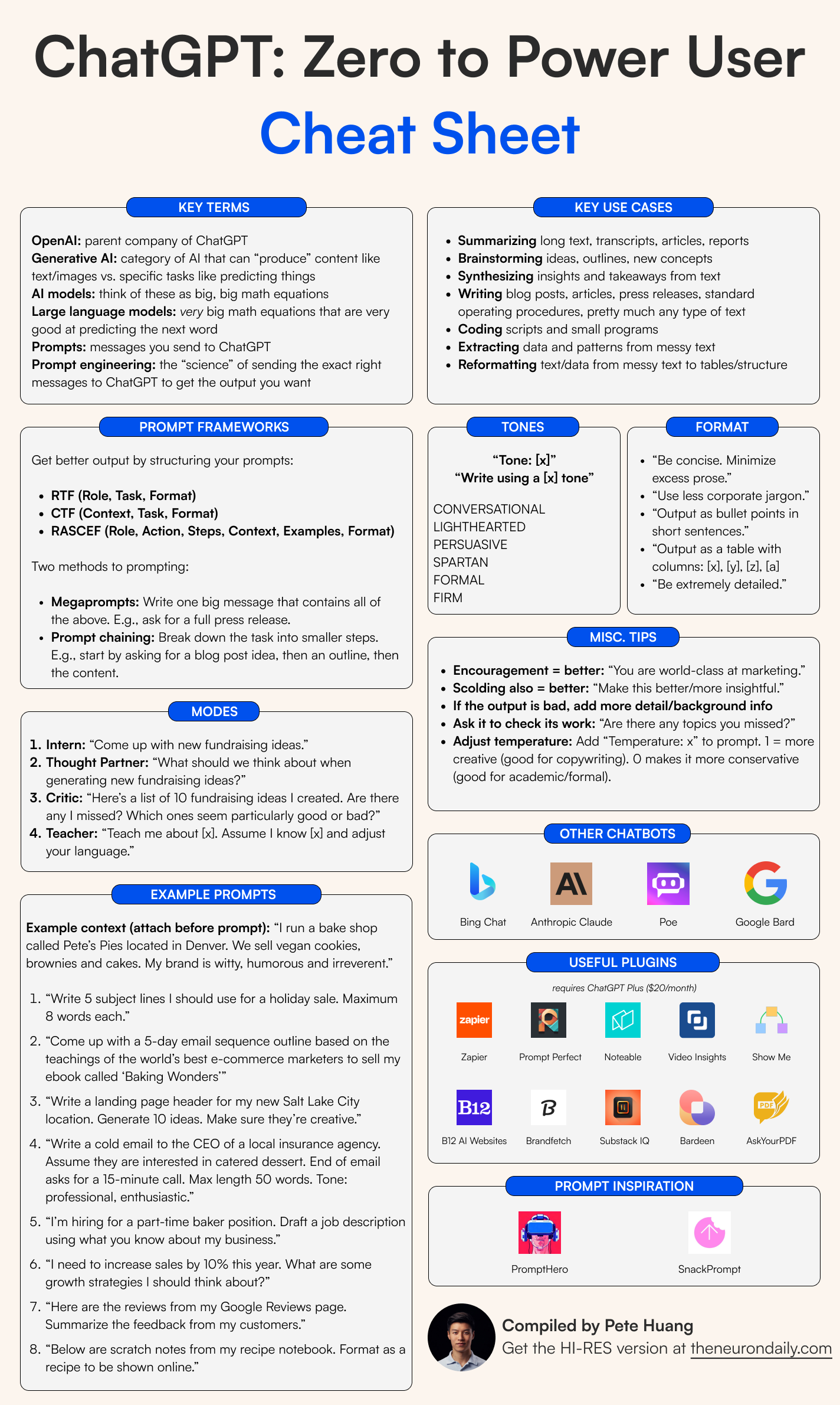 ChatGPT Zero to Power User Cheat Sheet by Pete Huang