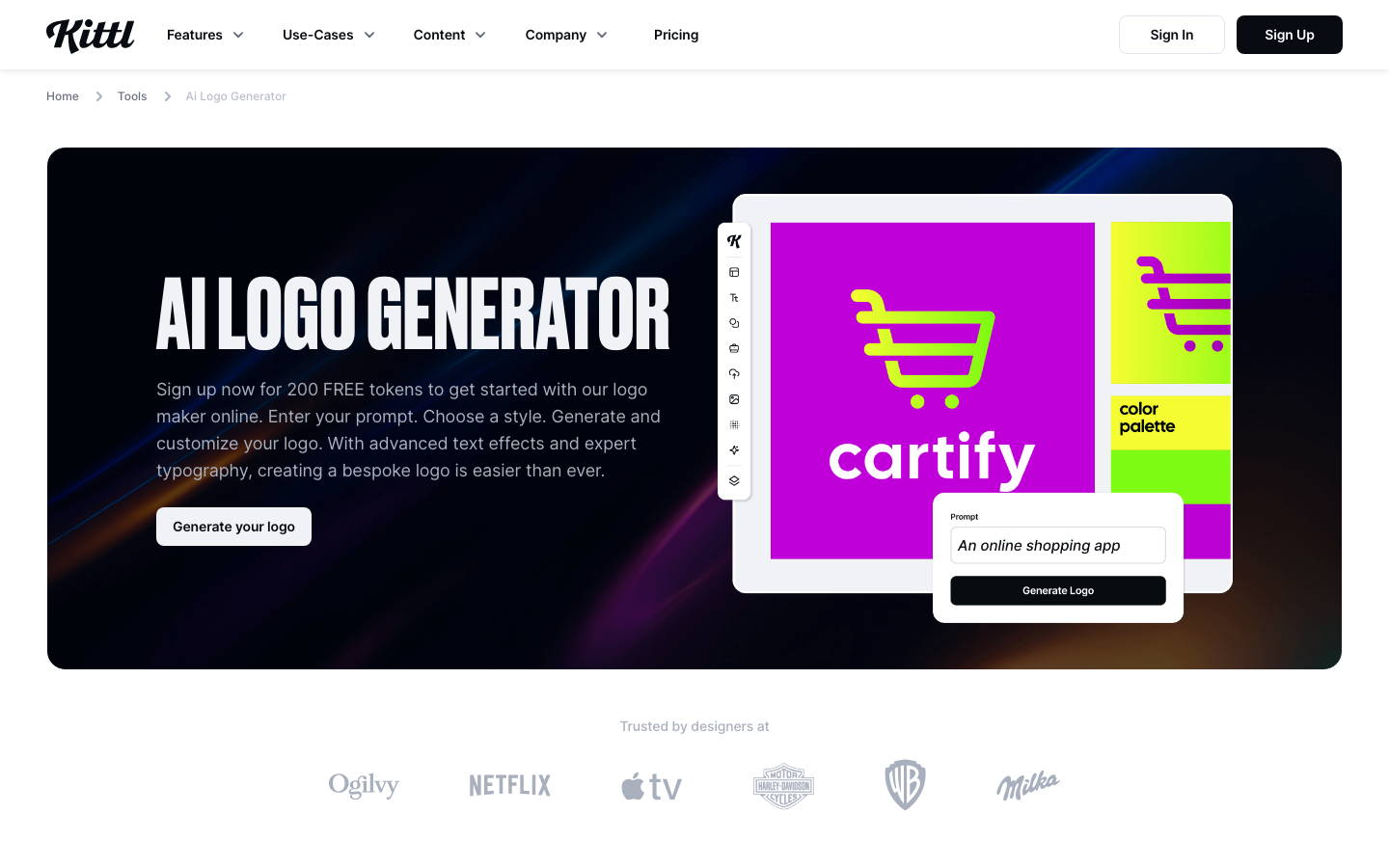 Kittl AI logo generator page