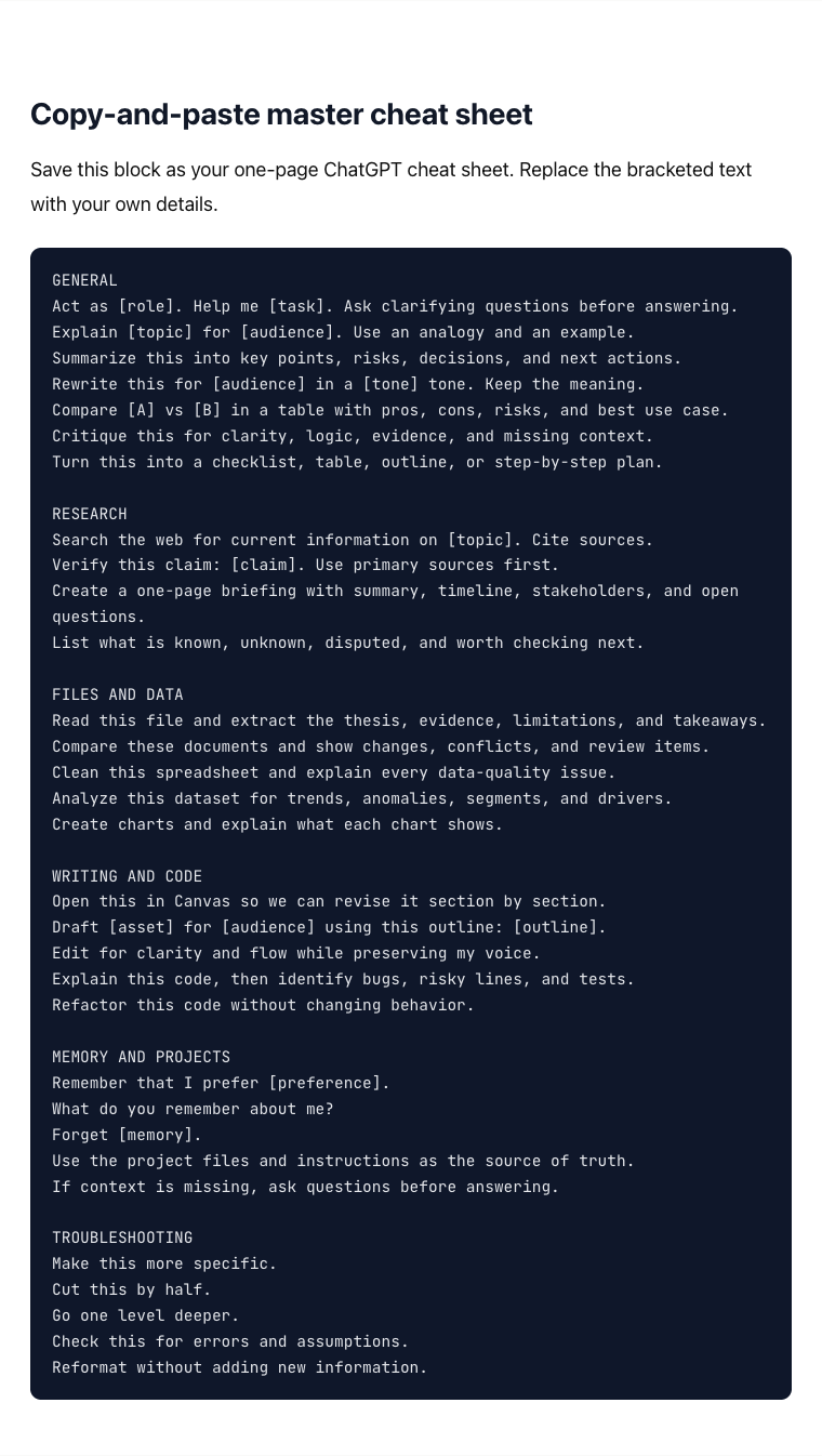 ChatGPT Cheat Sheet 2026 by ChatAI Guide