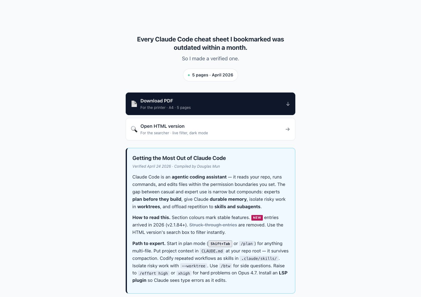 Claude Code Guidebook Cheat Sheet by Douglas Mun
