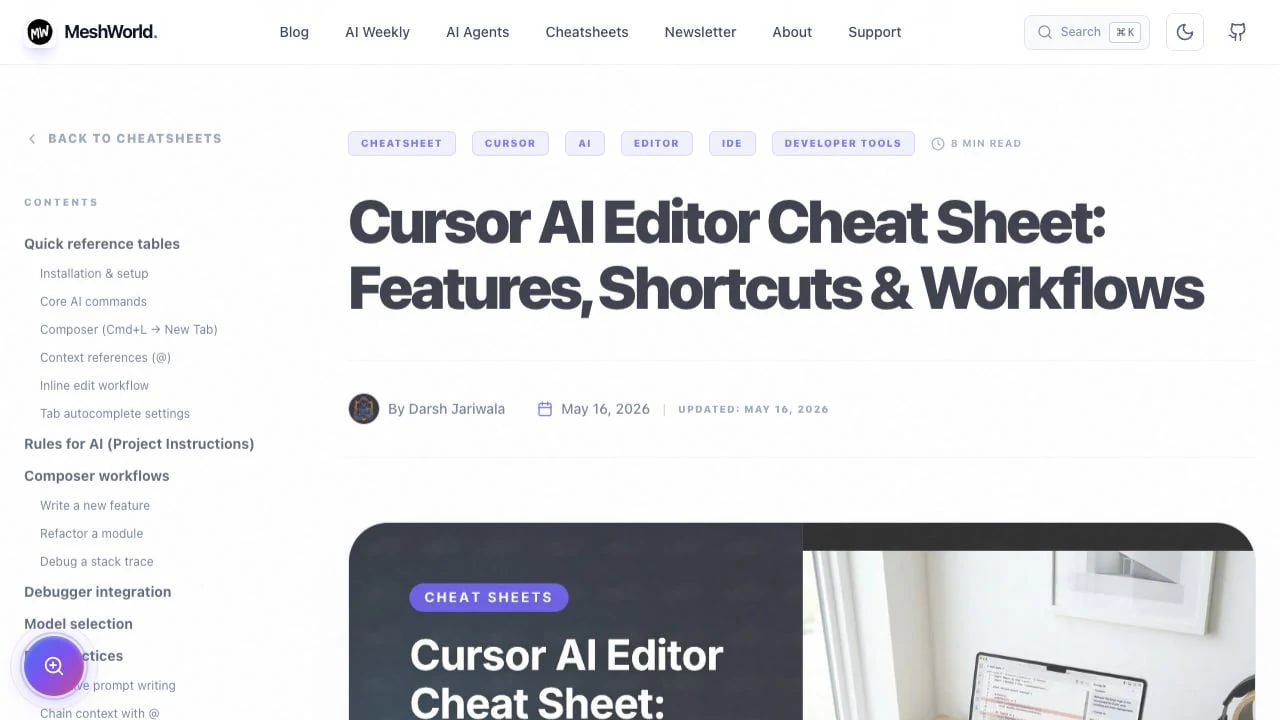 Cursor AI Editor Cheat Sheet by MeshWorld