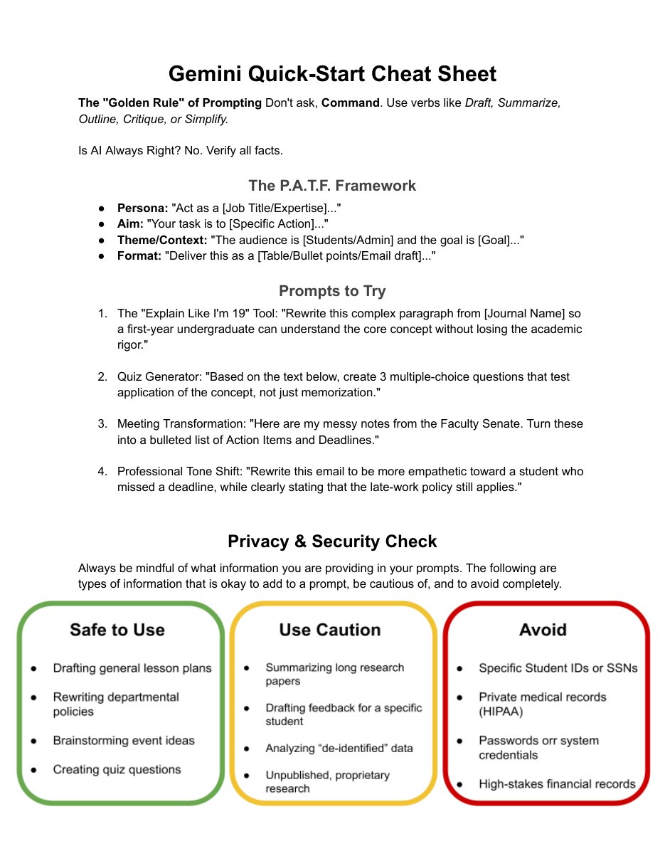 Gemini Quick-Start Cheat Sheet by Lawrence Technological University