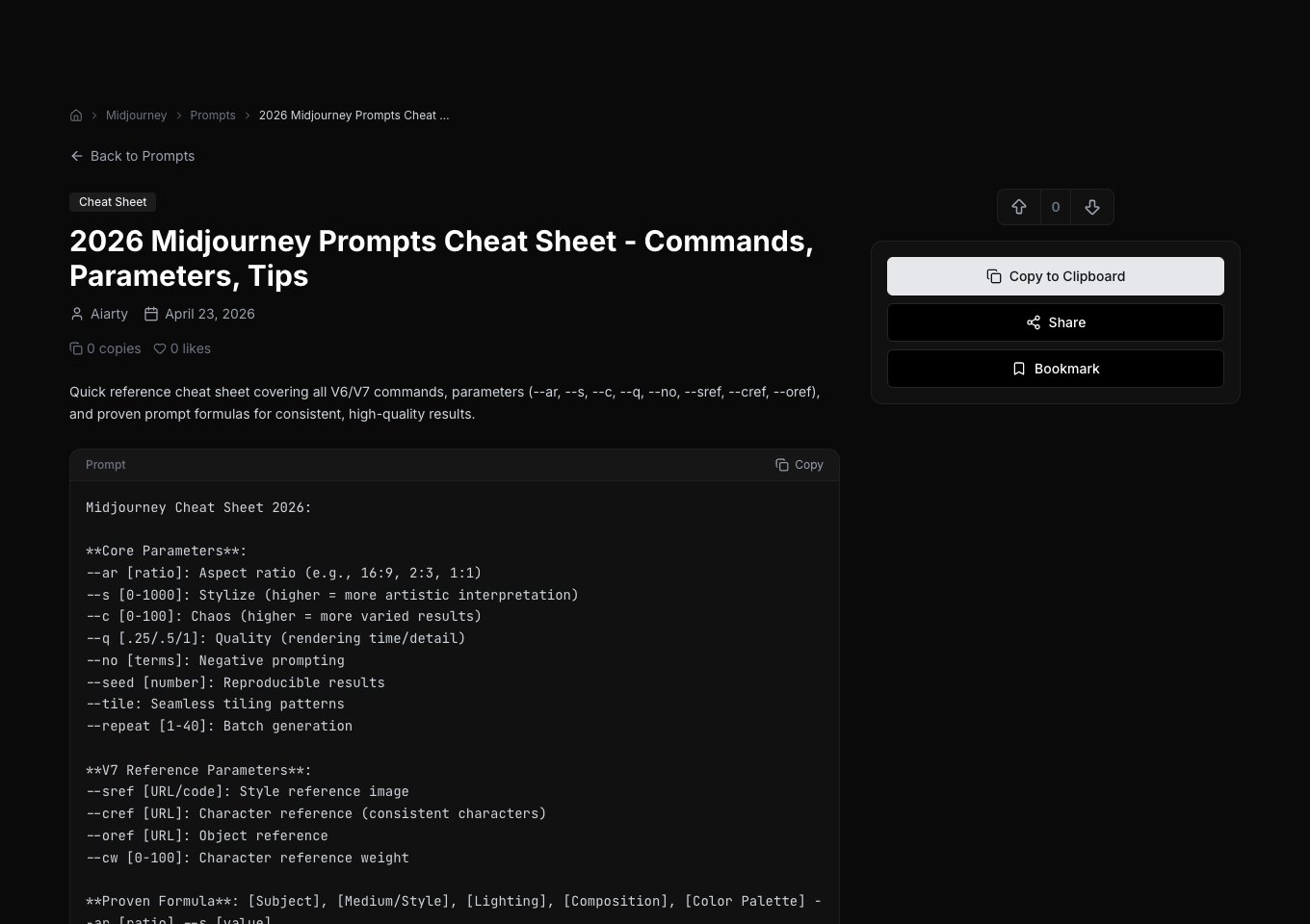 2026 Midjourney Prompts Cheat Sheet by Neura Market
