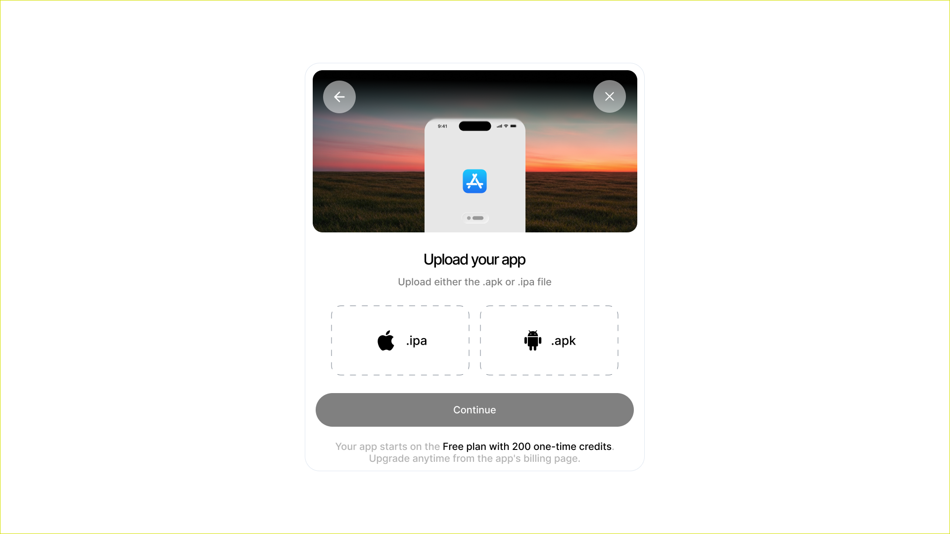 Upload your app modal with .ipa and .apk upload targets