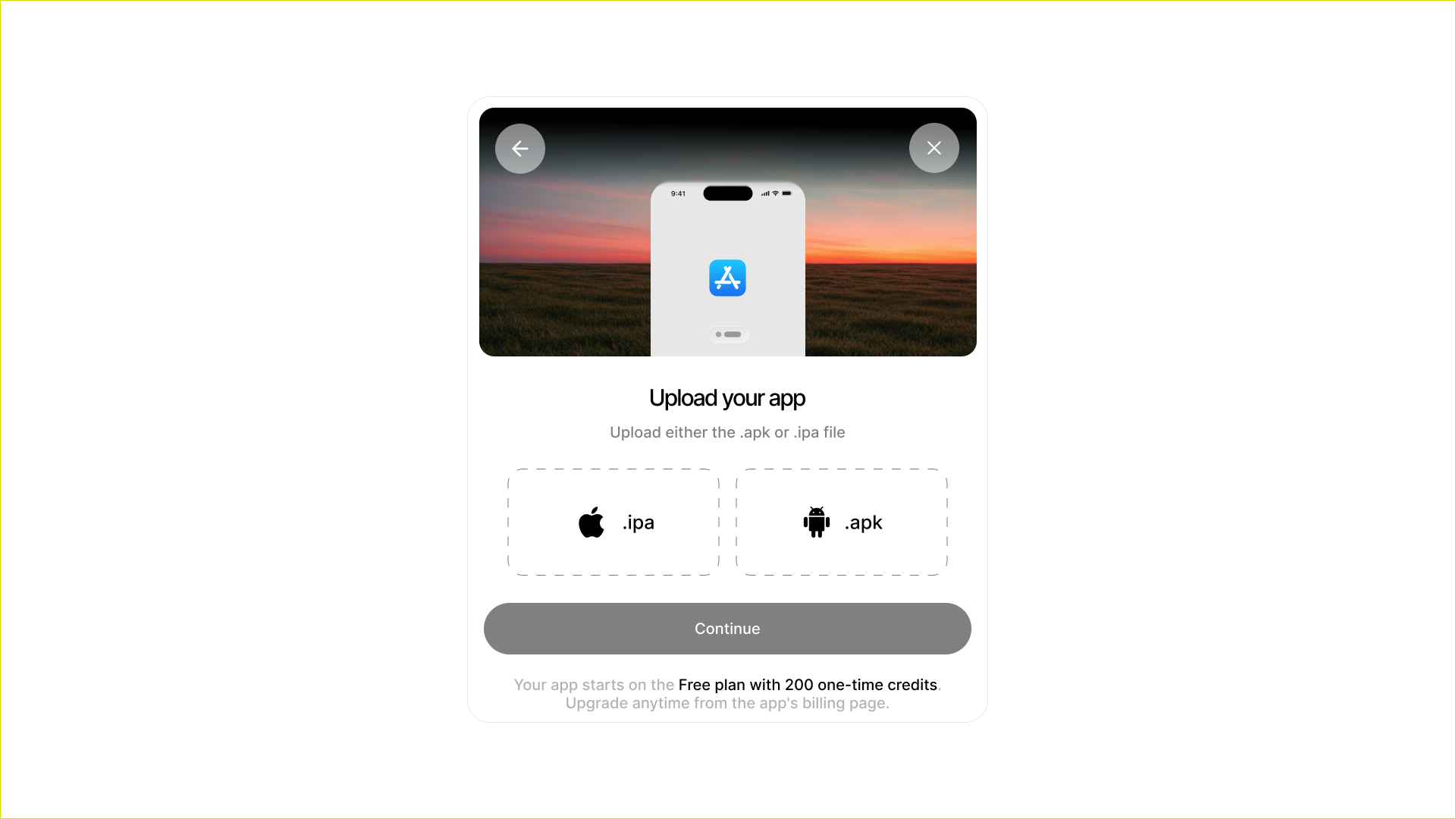 Upload your app modal with .ipa and .apk upload targets