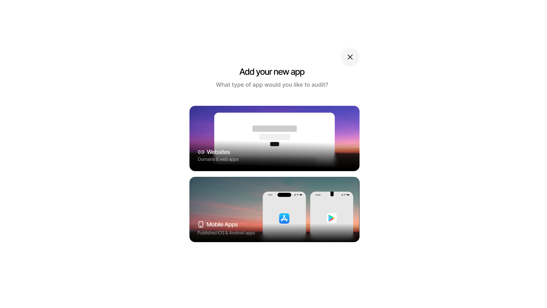 Add your new app modal with Websites and Mobile Apps options