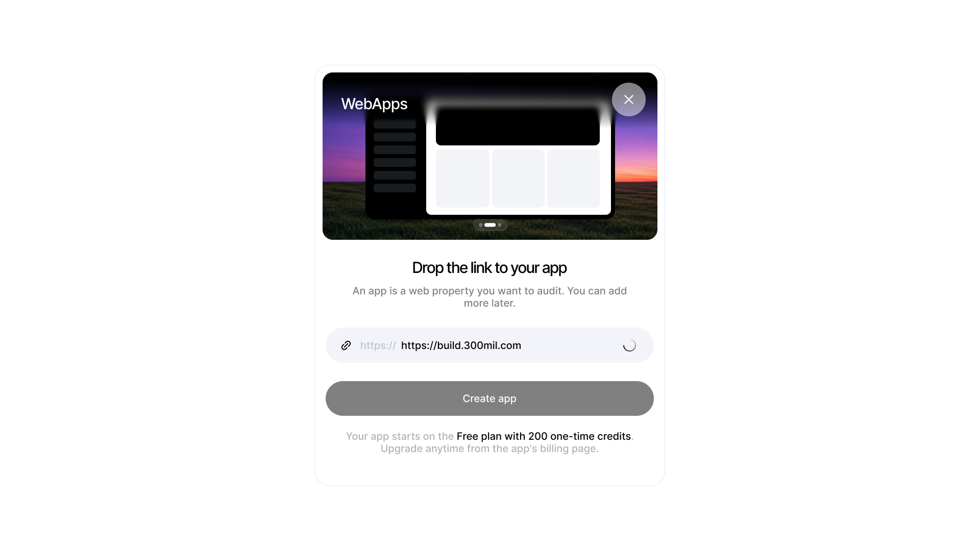 Drop the link to your app modal with URL field and Create app button