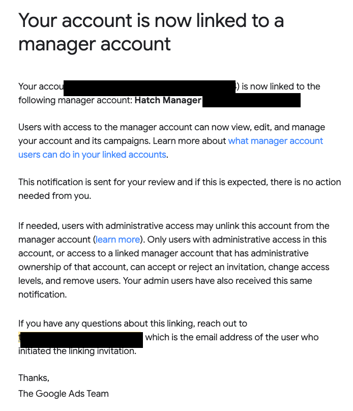 Google Ads account linked confirmation email