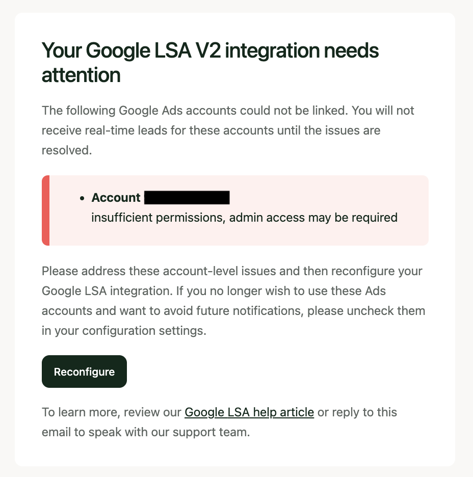 Google LSA permissions error email