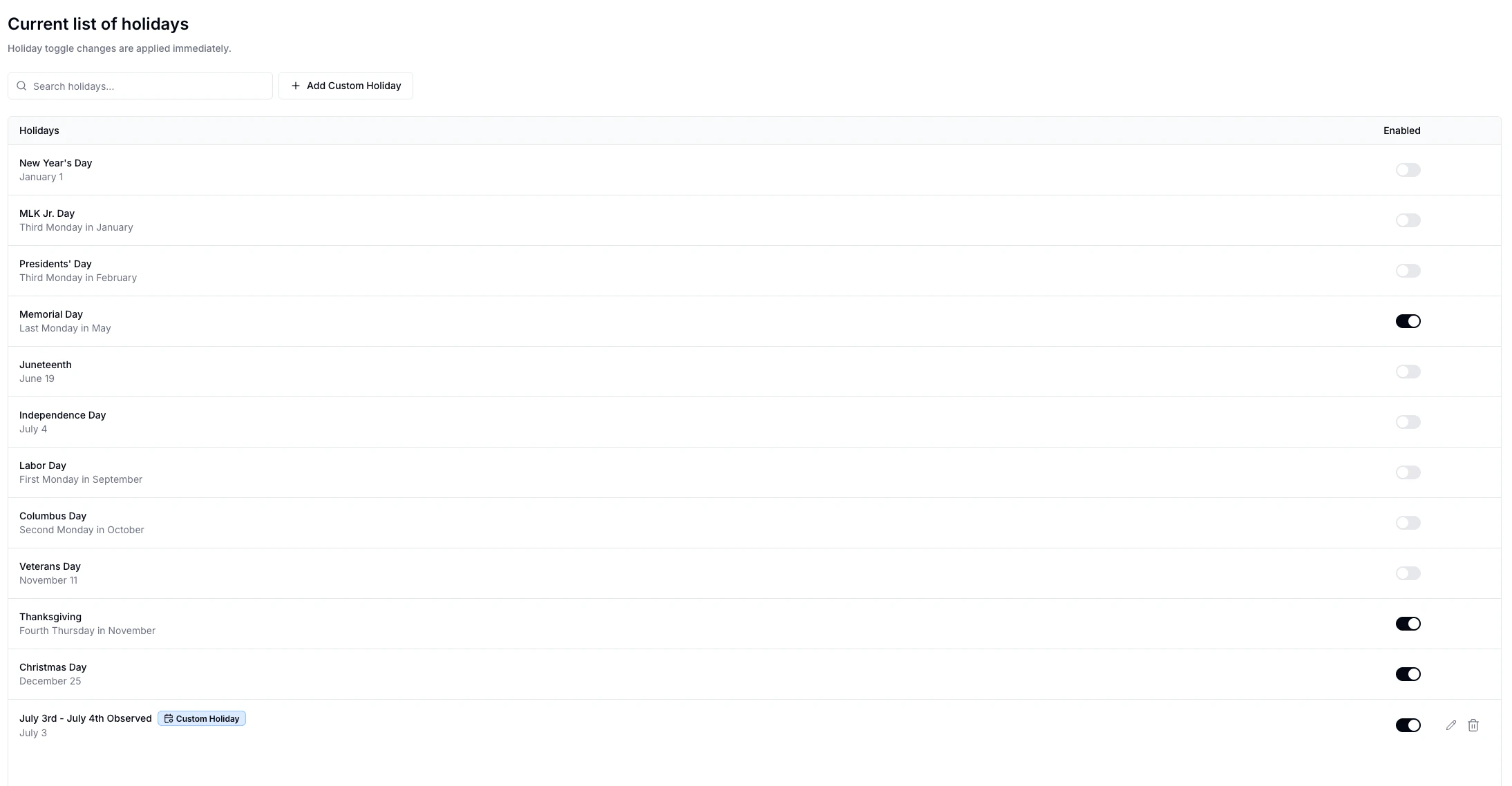 Federal holidays list in Account Settings