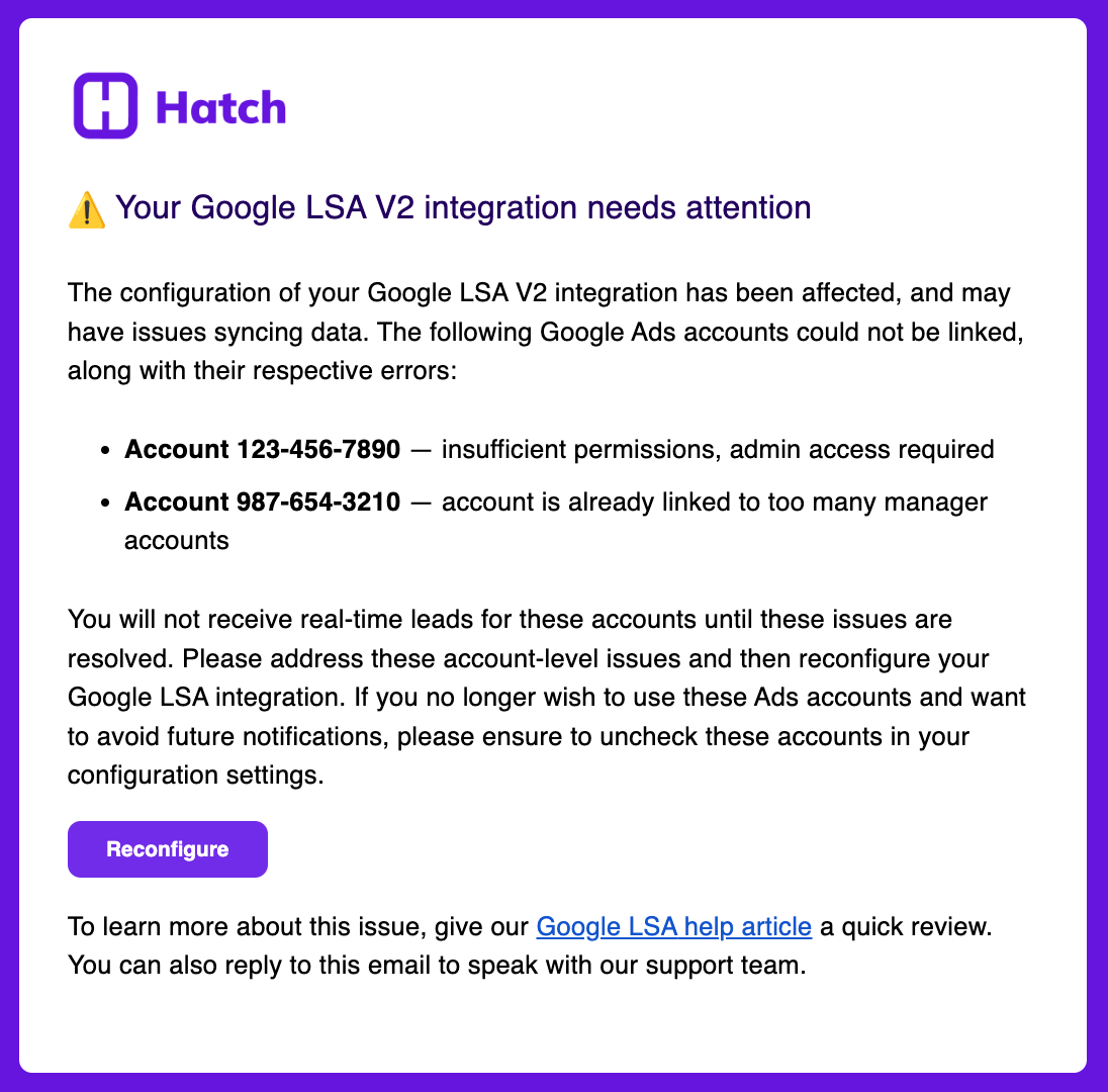 Google LSA permissions error email