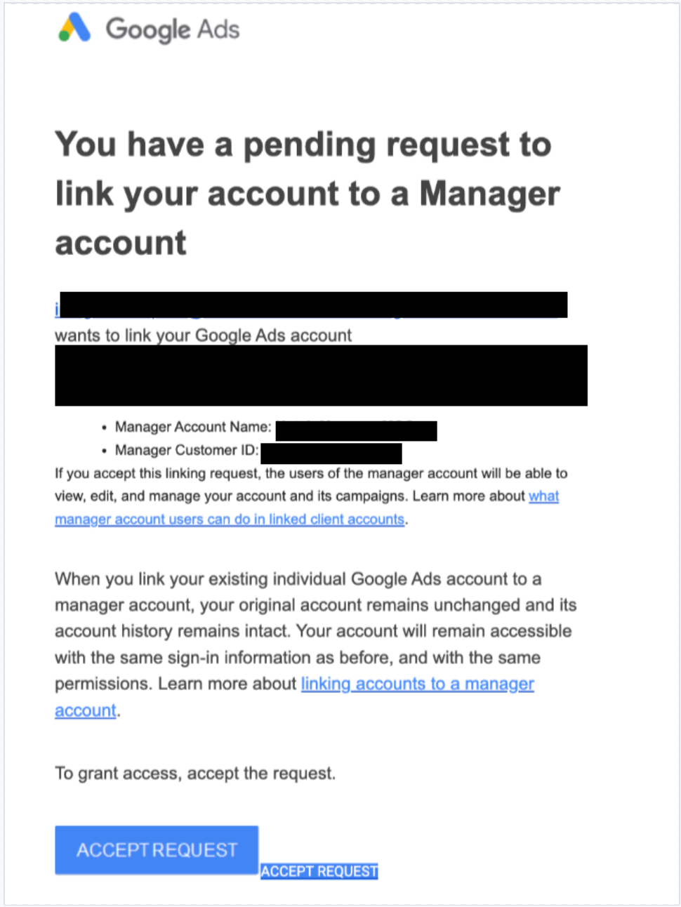 Google Ads pending invite email