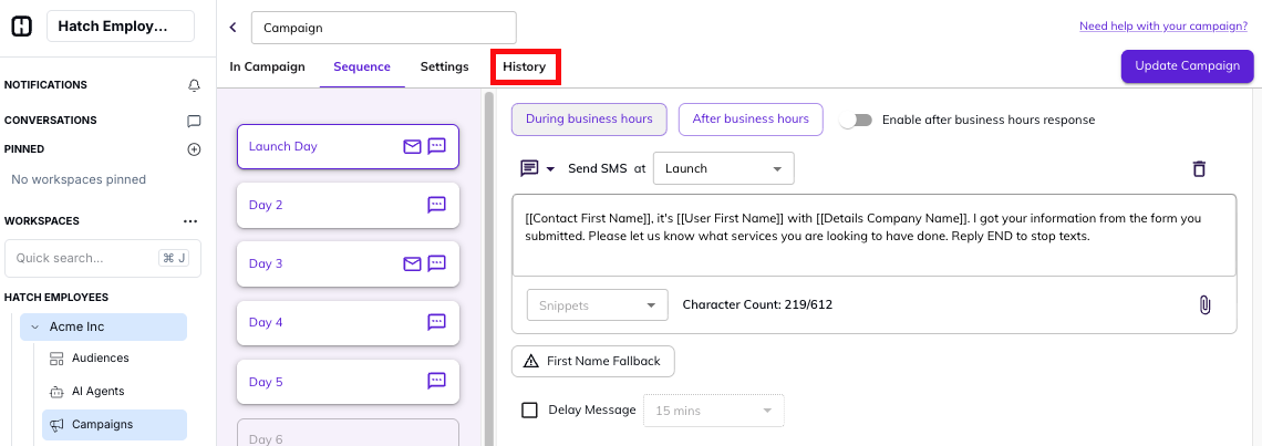 Navigate to Campaign History tab