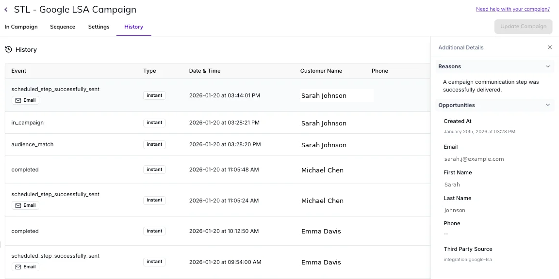 Campaign History contact details panel