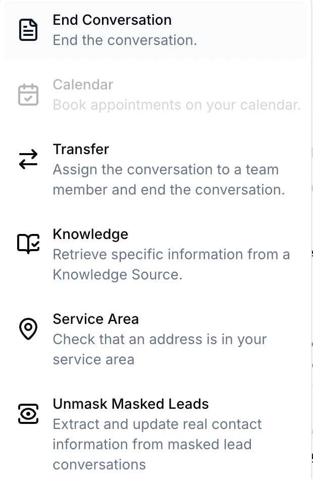Commands menu showing End Conversation, Calendar, Transfer, Knowledge, Service Area, and Unmask Masked Leads