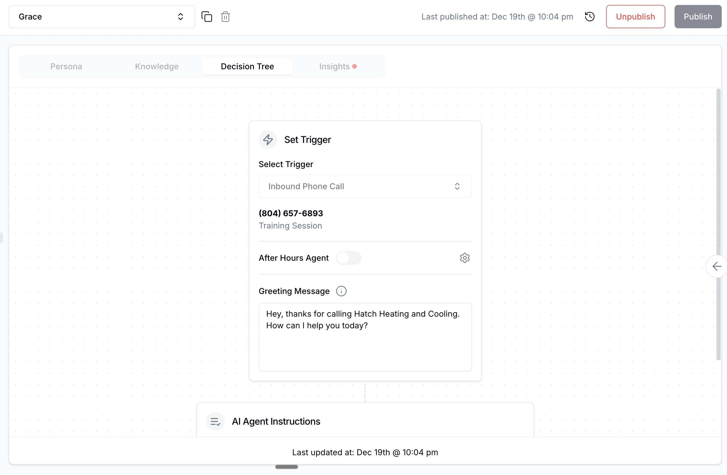 Decision Tree tab showing Set Trigger and AI Agent Instructions