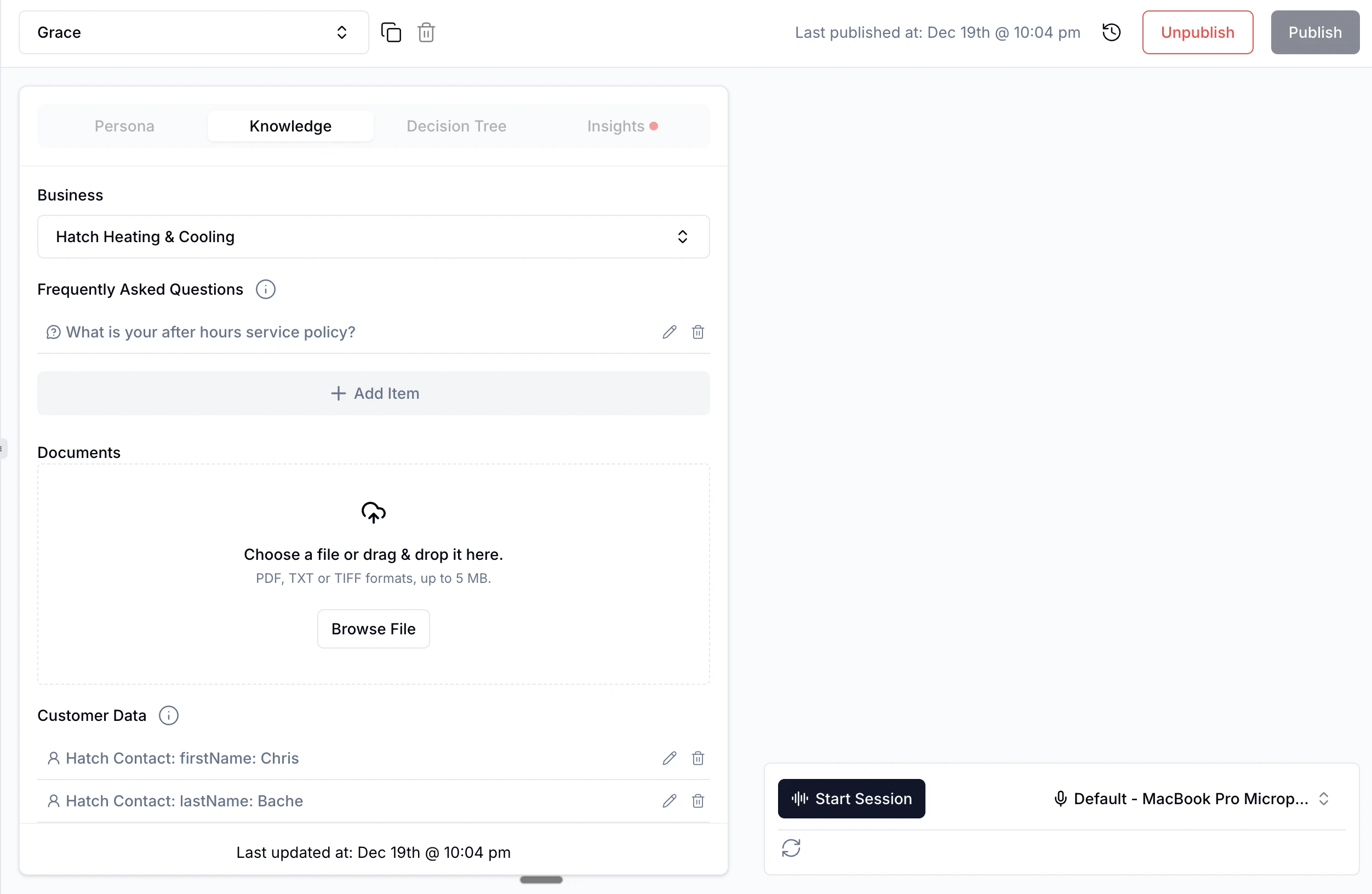 Knowledge tab showing Business profile, FAQs, Documents, and Customer Data