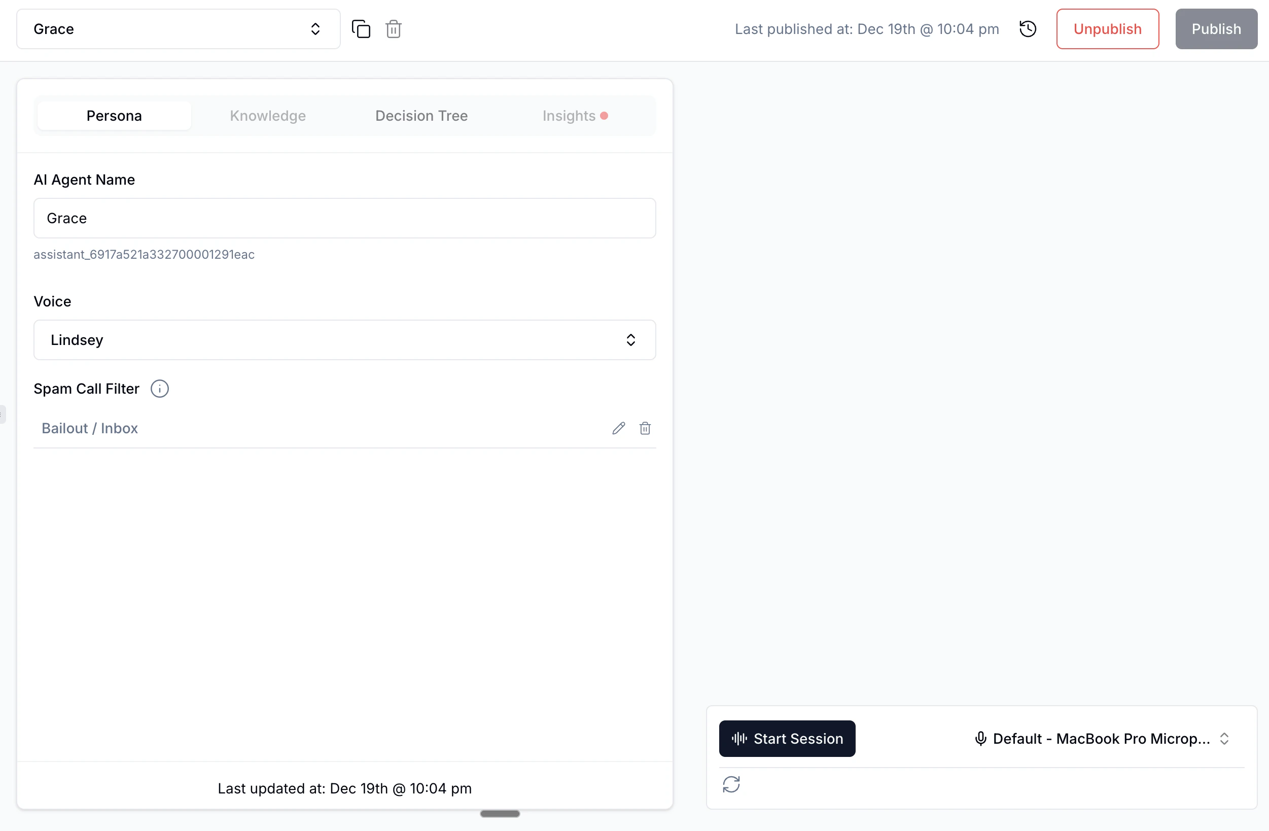 AI Agent Playground showing the Persona tab