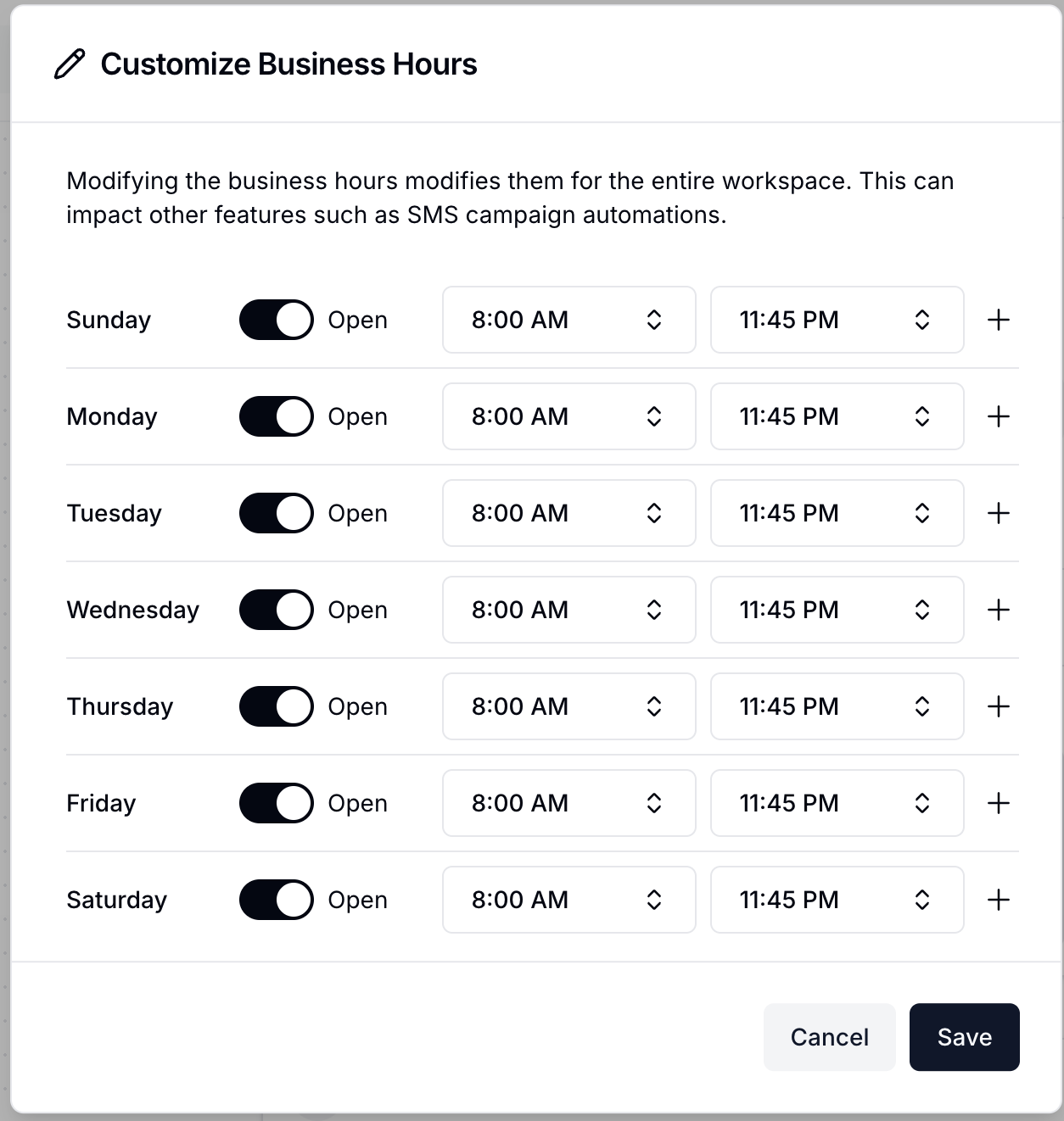 Customize Business Hours modal showing daily schedule settings