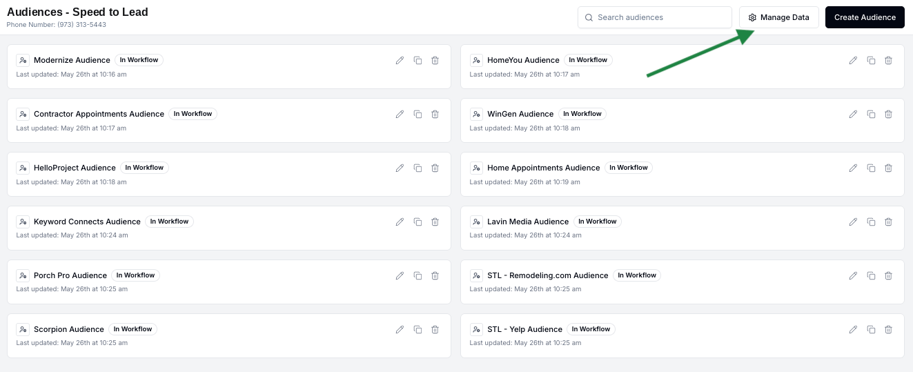 Manage Data button in the Audience Builder