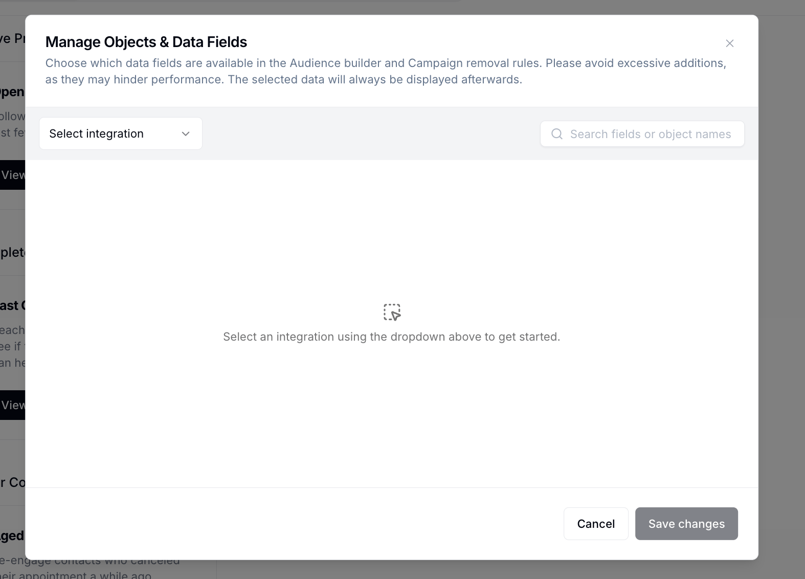 The Manage Data modal showing fields organized by object type