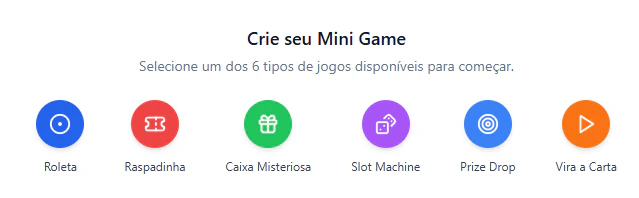 Tela de seleção de tipo de Mini Game com 6 opções: Roleta, Raspadinha, Caixa Misteriosa, Slot Machine, Prize Drop e Vira a Carta