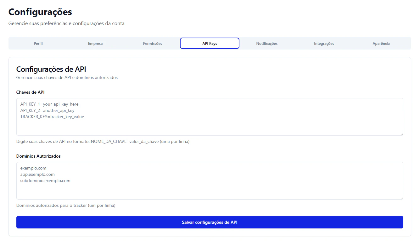 Tela de Configurações na aba API Keys com chaves de API e domínios autorizados