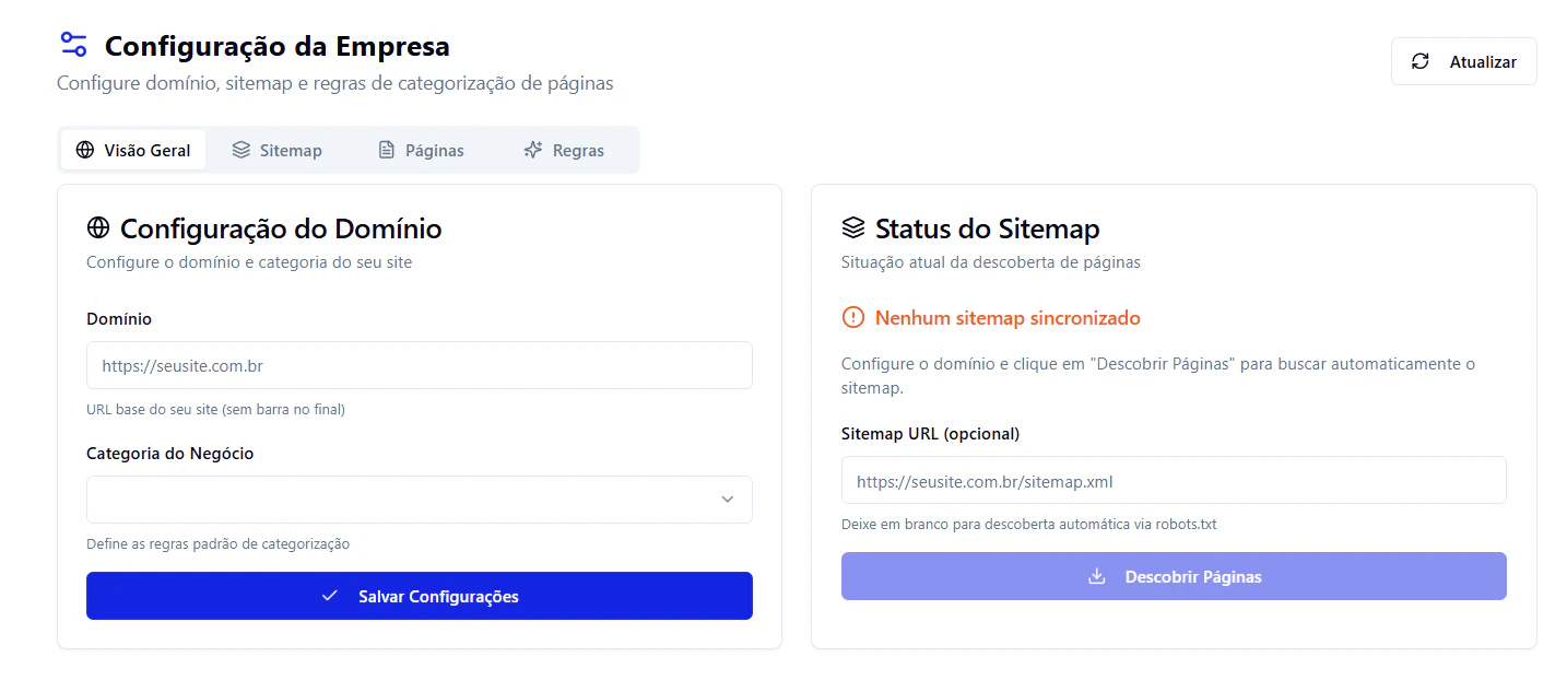 Tela de Configuração da Empresa com domínio e sitemap