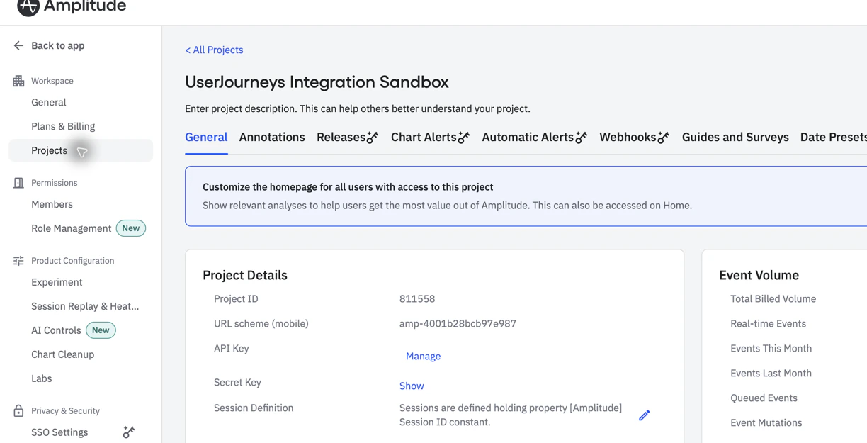 Amplitude Project Details card showing API Key Manage and Secret Key Show controls