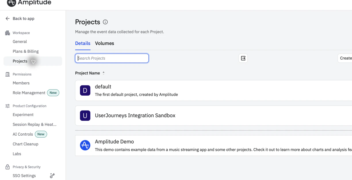 Amplitude Projects page showing project rows to select