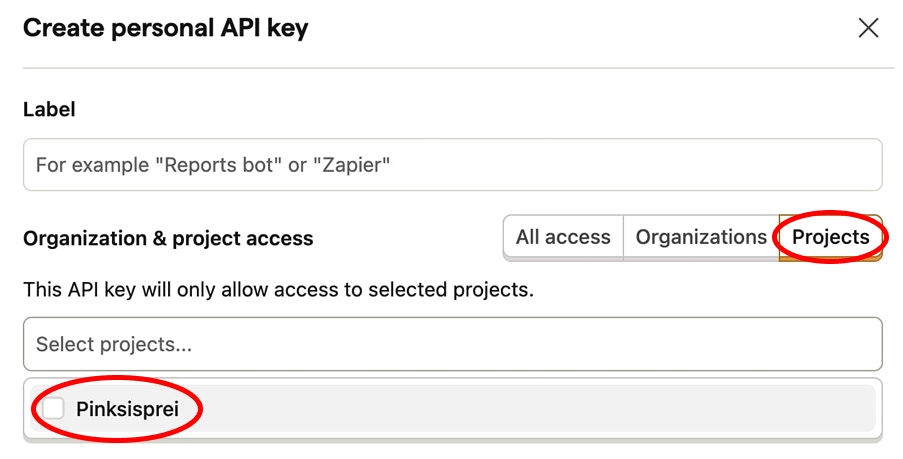 Create personal API key form showing project selection and access tabs