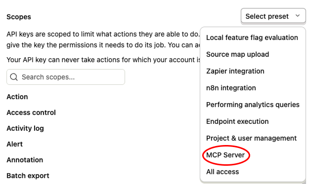 PostHog Scopes dropdown with MCP Server selected