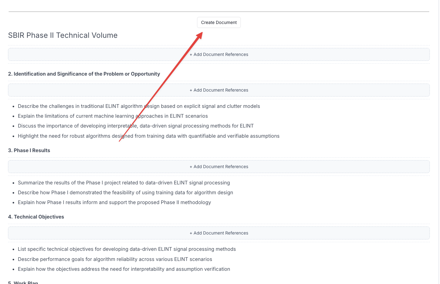Screenshot showing the Create Document button location above an H1 section
